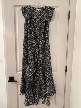 Max Studio Floral Black Ruffle Wrap Midi Dress Size Small Hi-Low Hem NWOT